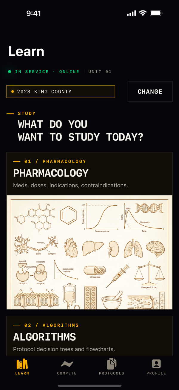 Learn hub showing Pharmacology, Algorithms, and Scenarios study cards