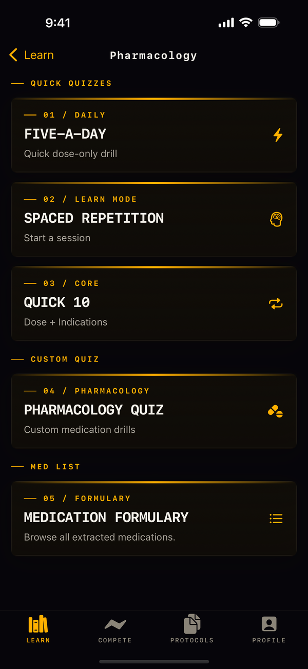 Pharmacology drug menu with medication categories