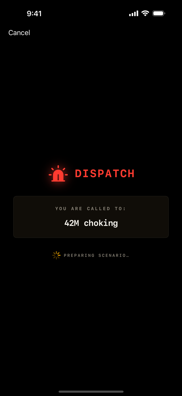 DISPATCH siren screen with scenario call details
