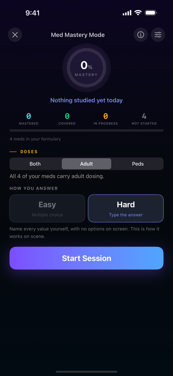 The Med Mastery Mode screen showing a mastery ring at 0 percent, counts for mastered, covered, in progress and not started, a Doses selector set to Adult, and the How You Answer setting with Easy for multiple choice and Hard for type the answer, with Hard selected