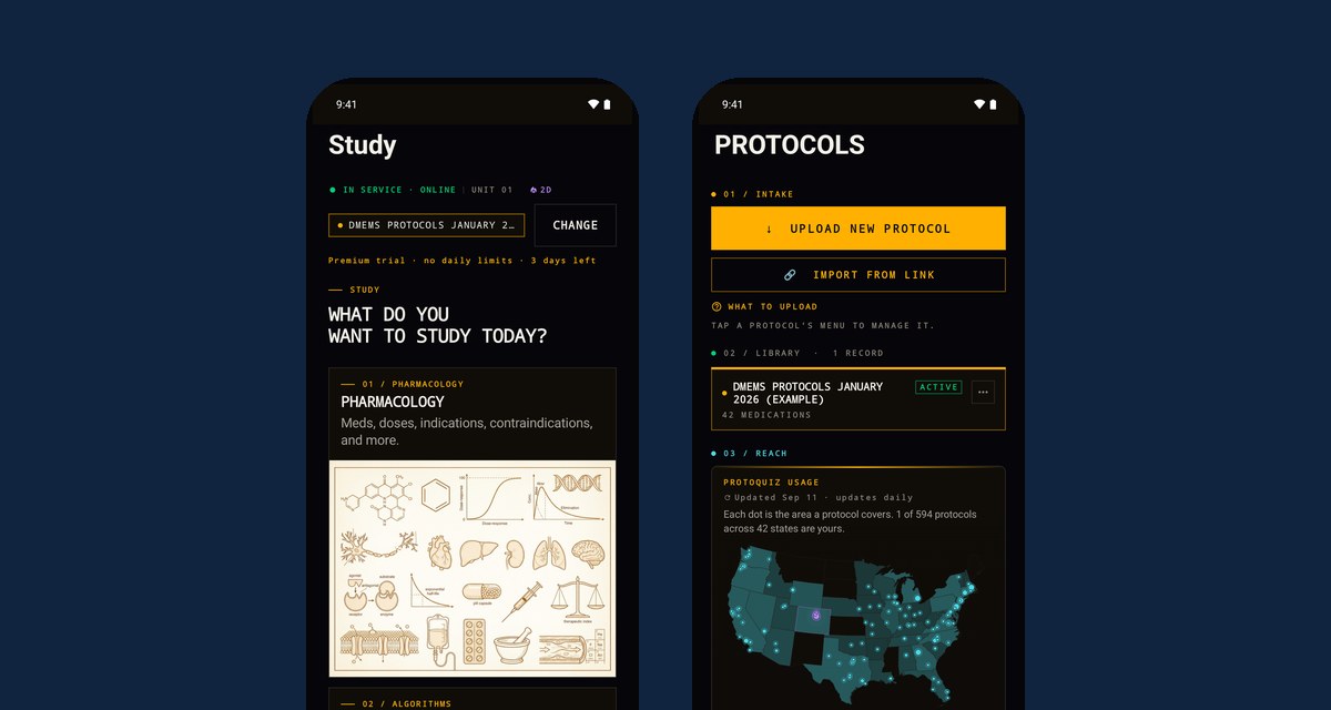 ProtoQuiz on Android: the Study hub and the Protocols screen