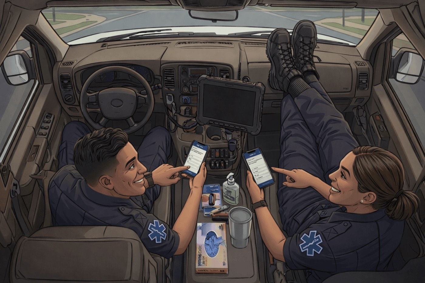 Two EMS partners in the front of an ambulance, both holding their phones running ProtoQuiz Compete Mode
